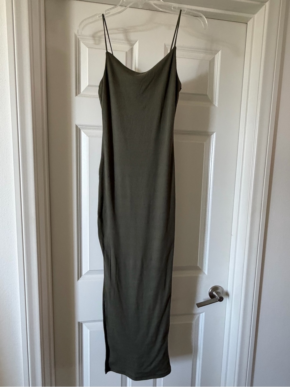 Olive Green Ribbed Spaghetti Strap Maxi Dress with side slit. Size small